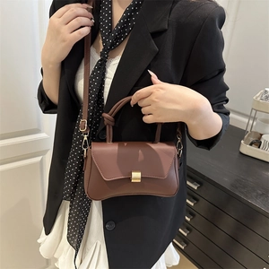 Minimalist dark brown crossbody flap bag with gold buckle and adjustable strap