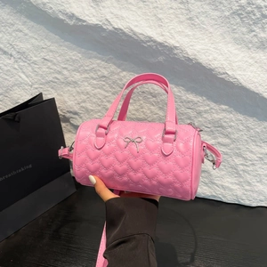Women's Heart Quilted Boston Bag PU Leather Mini Cylinder Crossbody Bag Korean Style Bowknot Handbag With Adjustable Strap