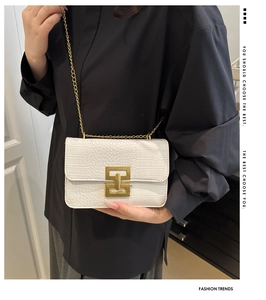 Close-up of white crocodile pattern flap bag with vintage gold clasp and chain strap