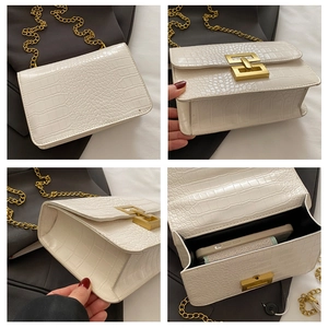 Detailed views of white crocodile pattern crossbody bag with gold chain and metal buckle