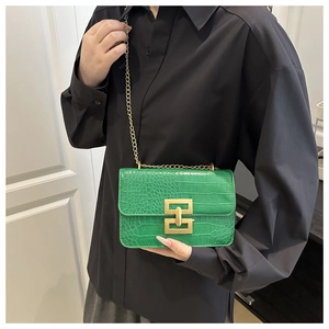 Detail of green crocodile embossed bag with gold lock and chain strap on black shirt