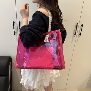 Large transparent PVC rose red tote bag with cotton rope handles and inner pouch