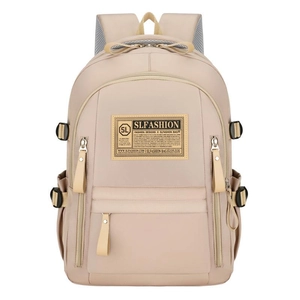 Minimalist beige nylon backpack with large capacity and mesh straps for students