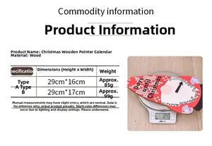 Detailed view of wooden Christmas countdown calendar showing size and weight specifications