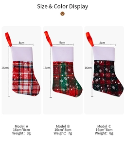 Size and color display of three plaid mini Christmas stockings with white fur trim and ribbons