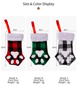 Size chart showing dimensions for red and green plaid Christmas pet paw cutlery holders