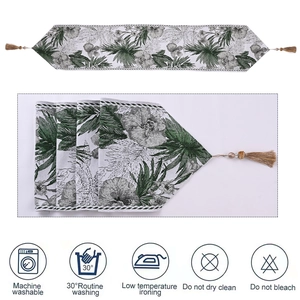 Christmas table runner with floral ink painting, tropical leaves and elegant tassels