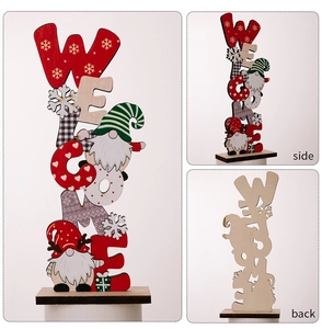 Detailed views of a wooden Christmas Welcome sign with gnomes and snowflake motifs