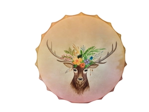 Detail of hand-painted Shamanic frame drum with realistic deer head and floral patterns