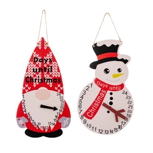 Wooden Christmas countdown calendar pendants featuring gnome and snowman designs with ropes