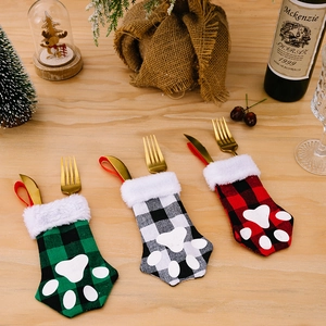 Christmas Cat Paw Cutlery Holder Buffalo Plaid Plush Trim Sock Cutlery Sleeve Table Decoration Festive Dining Party Ornament