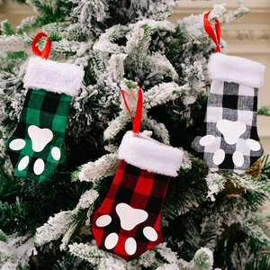 Mini Christmas Stocking Paw Shape Buffalo Plaid Faux Fur Hanging Decoration Holiday Party Gift Bag Pet Theme