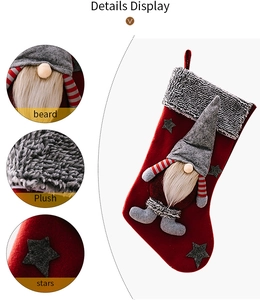Macro details of plush grey faux fur cuff and bearded gnome on a red Christmas stocking