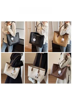 Collage of large PU tote bags in various colors with cute plush pendants on models