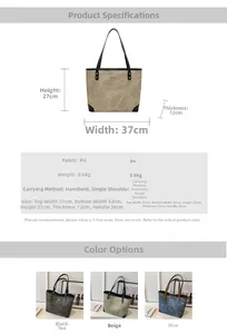 Detailed chart showing PU leather tote bag dimensions 37x12x27cm and weight 0.6kg