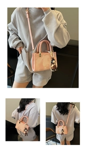 Pink crossbody bag with pearl charm shown in various angles on a model in gray outfit
