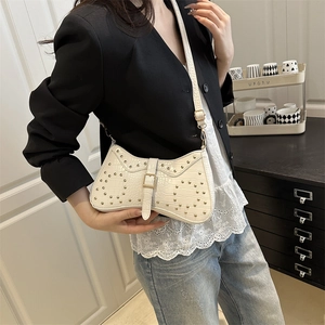 White rivet shoulder bag with crocodile texture and adjustable strap for women