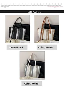 Vertical striped canvas tote bags in black brown and white with leather straps