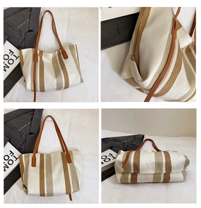 Detailed views of a striped canvas tote bag featuring leather straps and spacious design