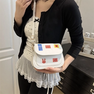 White mini flap shoulder bag with colorful cute patches and adjustable strap for women