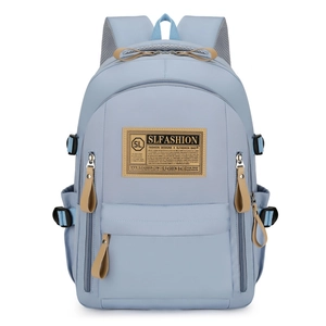 Sac à dos en nylon bleu clair imperméable avec tirettes kaki et écusson en cuir logo