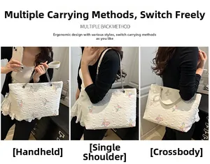 Three-way carry display of tote bag with butterfly embroidery and chain strap detail