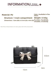 Detailed view of mini black PU bag with silver chain, bow decor, and size 12x8.5x4cm