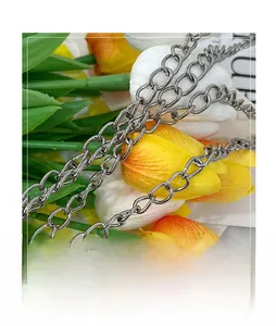 Detail of silver metallic chain strap with flat oval links against fresh tulips