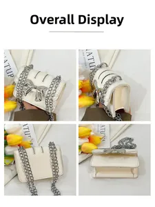 Detailed four-angle view of white bow chain bag with silver metallic hardware and strap