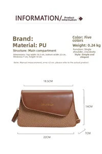 Detailed view of brown crossbody bag dimensions with measurements and material specs