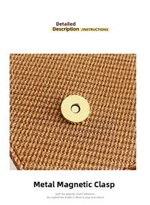 Close-up of golden round magnetic clasp on brown woven textured shoulder bag