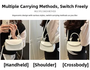 Detailed views of a white French vintage saddle bag showing handheld and shoulder styles