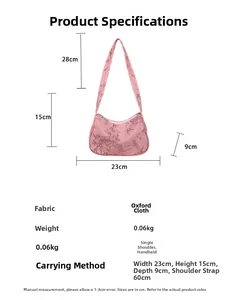 Pink embroidered dumpling bag size chart with weight and dimensions in detail