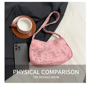 Detail showing pink fabric texture with bamboo print and zip closure on shoulder bag