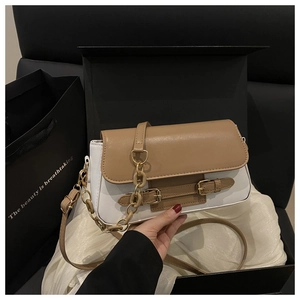 Detalle del bolso retro de dos colores con cadena metálica y hebilla sobre cuero fino