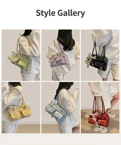 Detail view of colorful glossy faux leather bags with large mesh bows and front pockets