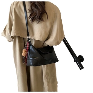 Black leather hobo tote bag for women with cute teddy bear charm and plaid ribbon
