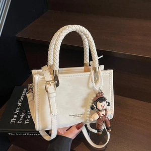 Fashion PU Leather Small Square Bag Women Woven Handle Shoulder Crossbody Bag With Artificial Pearl Doll Pendant Daily Messenger Bag