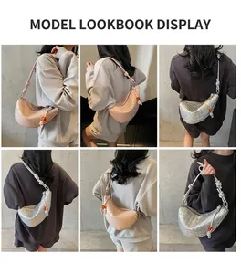 Fashionable woven crescent bag shown in various angles worn by a model in beige and silver