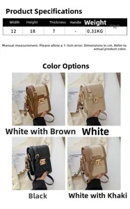 Detailed size chart and multi-color view of minimalist rhombic shoulder phone bags