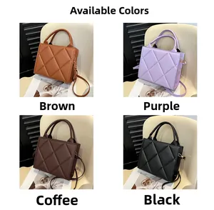 Collage of quilted leather tote bags in brown, purple, coffee, and black color options