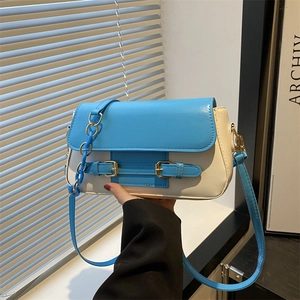Bolso De Hombro Mujer Cuero PU Color Contraste Hebilla Doble Solapa Retro Verano Moda Cuadrado Bandolera Mano Cadena Correa