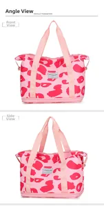 Detail view of pink leopard print travel bag with bottom compartment and zipper closure