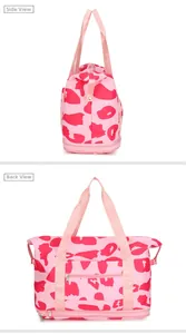 Pink leopard print travel bag side and back views with trolley sleeve and shoe compartment