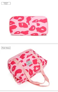 Detailed views showing pink leopard print travel bag bottom and flat layout design