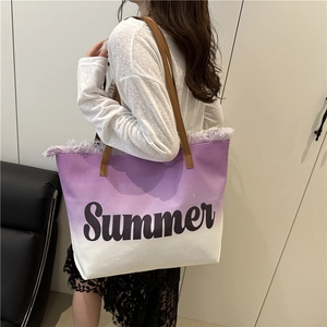 Grande borsa tote in tela sfumata viola con stampa Summer e manici in pelle