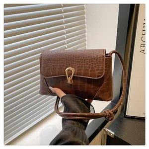 Detailed view of crocodile embossed leather texture and gold buckle on a brown square bag