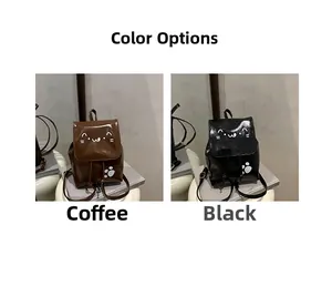 Mini cat-themed backpacks shown in coffee and black colors with cute facial prints