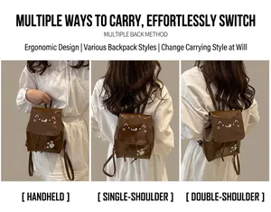 Mini sac à dos marron avec motifs chat montrant le porté main, à l'épaule et en version à bretelles