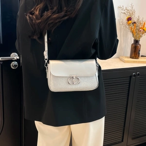 Sac bandoulière argenté chic avec fermoir métallique et rayures porté par un mannequin